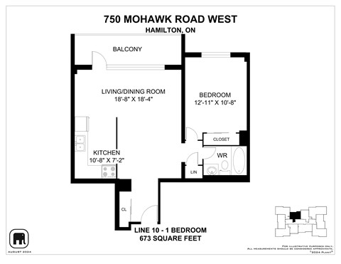 Floor plan for 1 bed, 1 bath, 707 sqft
